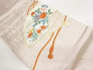 金駒刺繍扇に鴛鴦・花々模様名古屋帯
